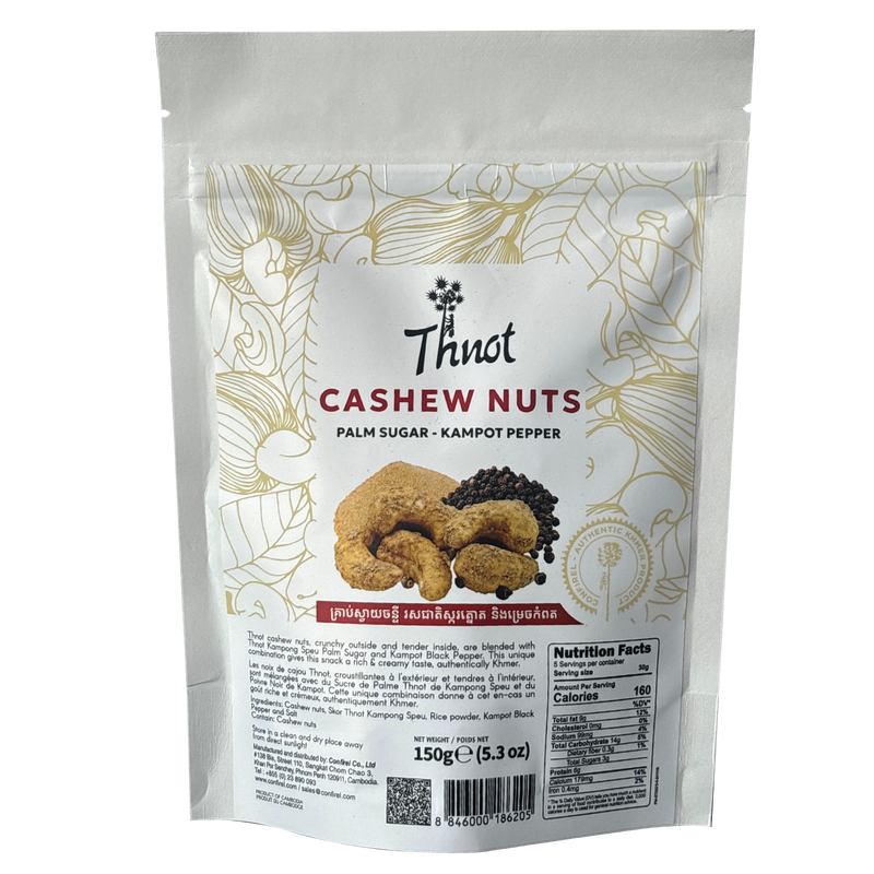Bag of Thnot cashew nuts, palm sugar and Kampot pepper flavour, 150g