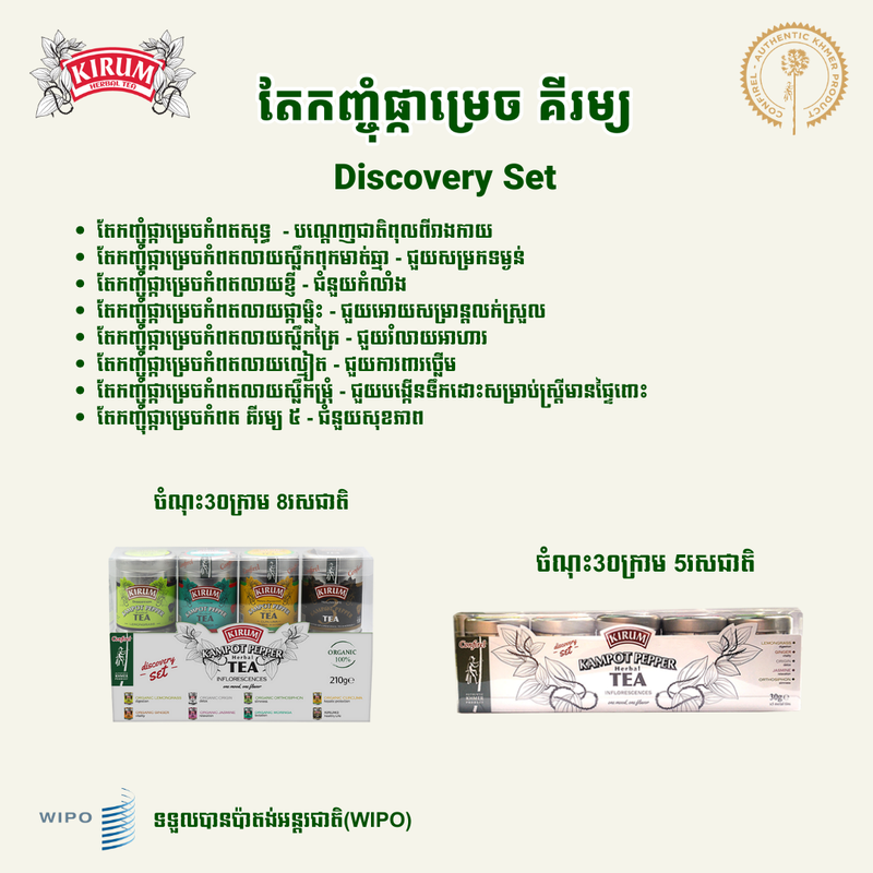 Poster of Kirum herbal tea discovery set boxes -- 8-flavour herbal tea set and 5-flavour Kampot pepper tea set