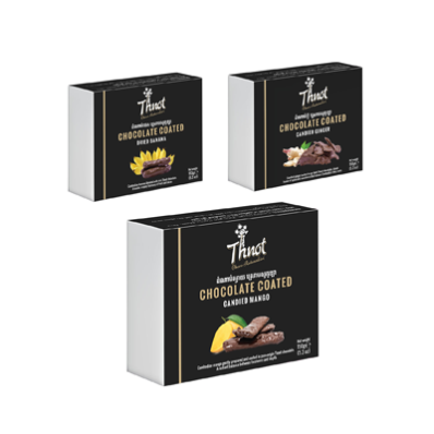 Three boxes of Thnot chocolate-coated candied mango, assorted sizes