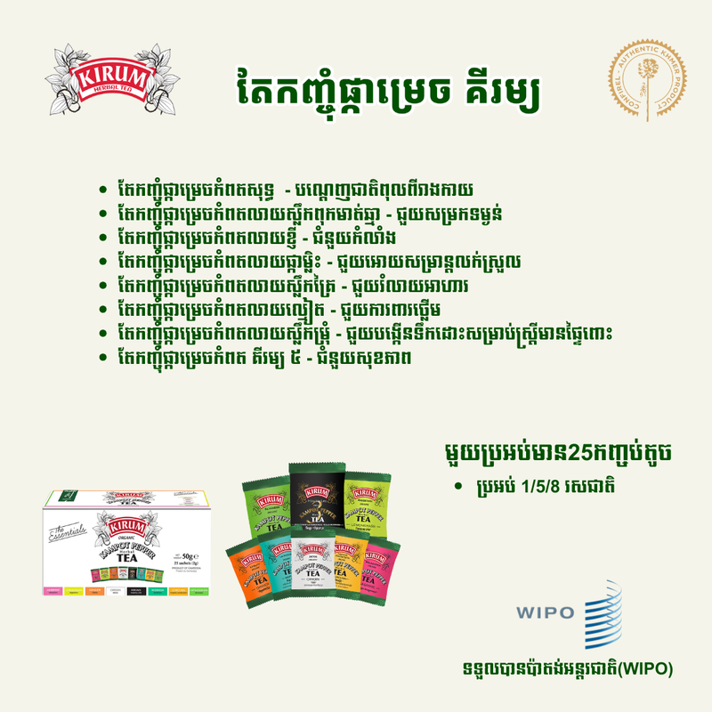 Poster of Kirum organic Kampot pepper herbal tea discovery set -- Essentials box and 5 individual sachet flavours