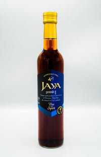 Bottle of Jaya Blue palm spirit with dark blue label