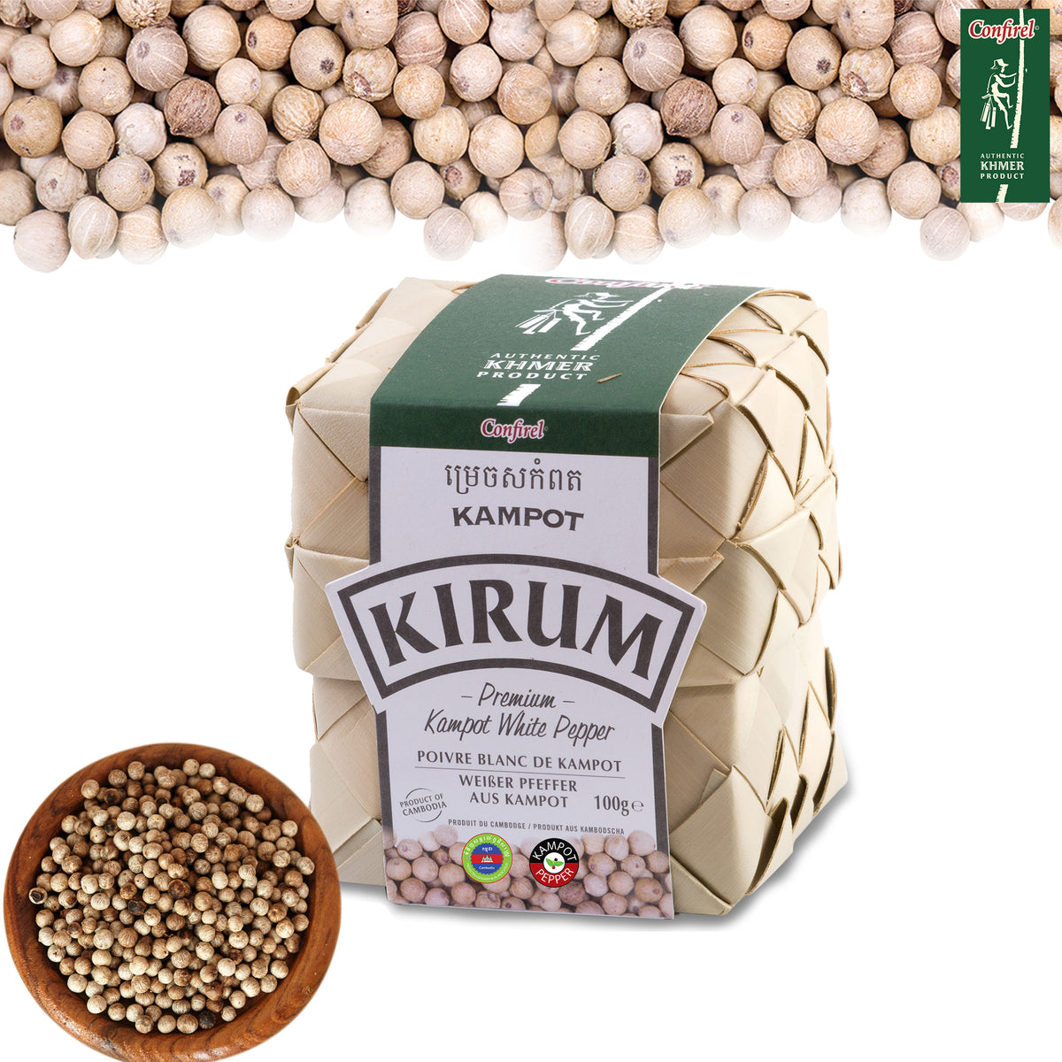 Woven palm-leaf bundle of Kirum Premium Kampot White Pepper, 100g, with white peppercorns