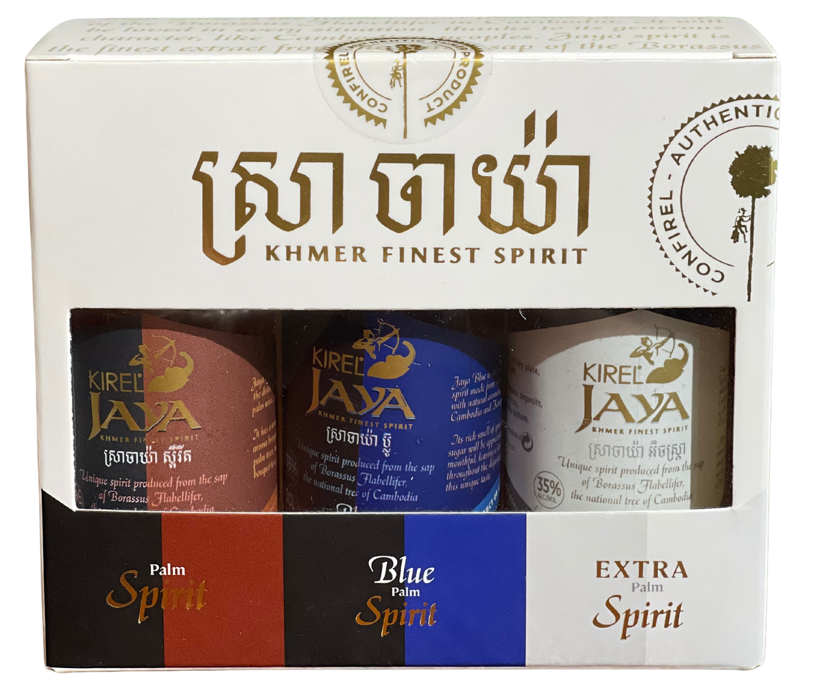 Gift box of Kirel Jaya palm spirit set, three 30ml bottles -- Palm, Blue and Extra Spirit