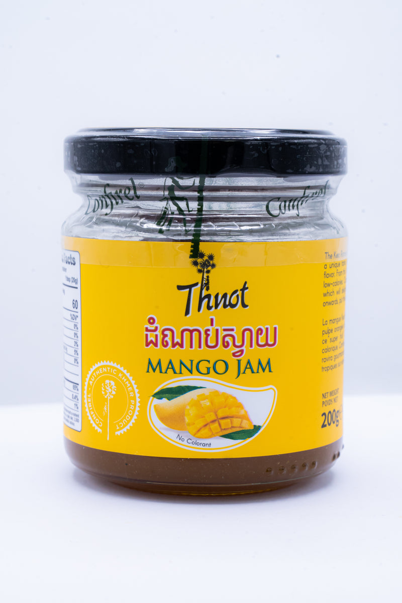 Glass jar of Thnot mango jam, 200g, with Khmer-language label