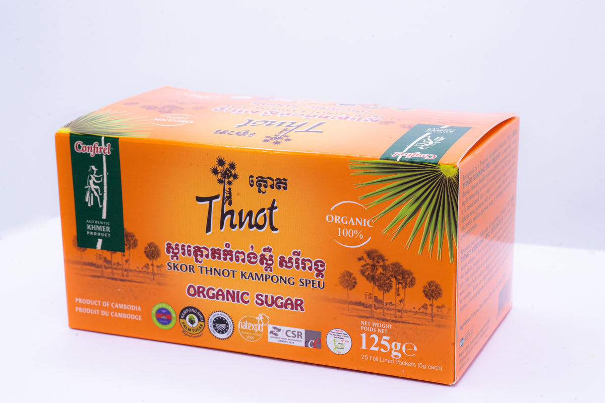 Orange box of Skor Thnot Kampong Speu organic sugar, 25 sachets, 125g