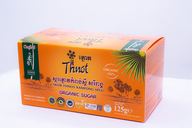 Orange box of Skor Thnot Kampong Speu organic sugar, 25 sachets, 125g